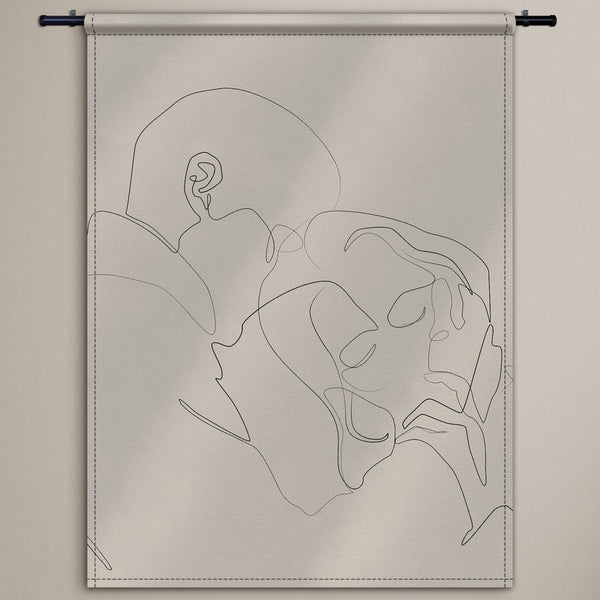 Wandkleed van de innigheid in beige line art lijntekening inclusief roede van katoen of velours