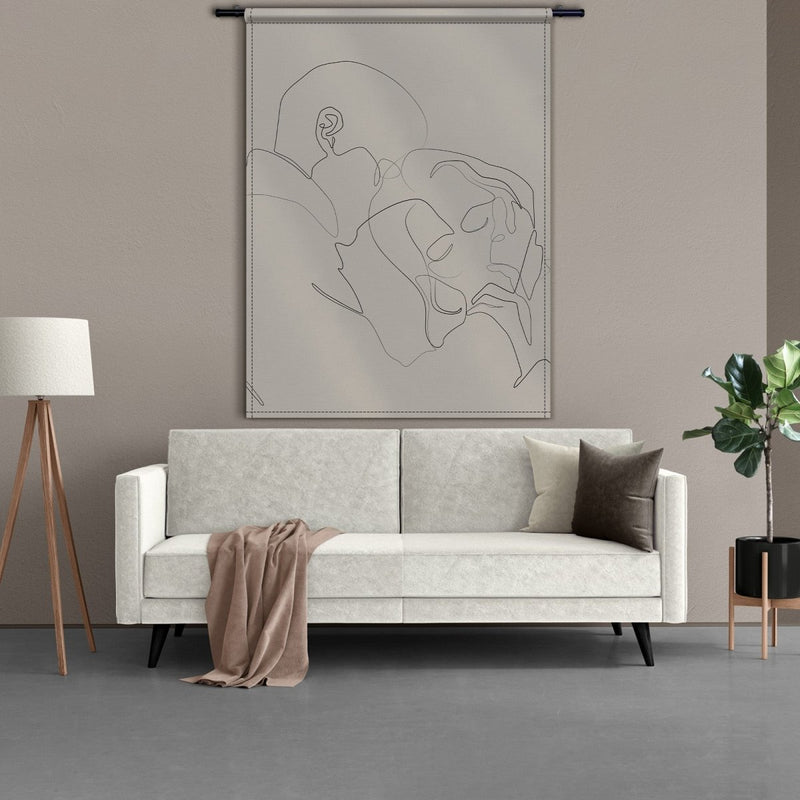 Groot wandkleed van stof in beige wit zwart in groot formaat