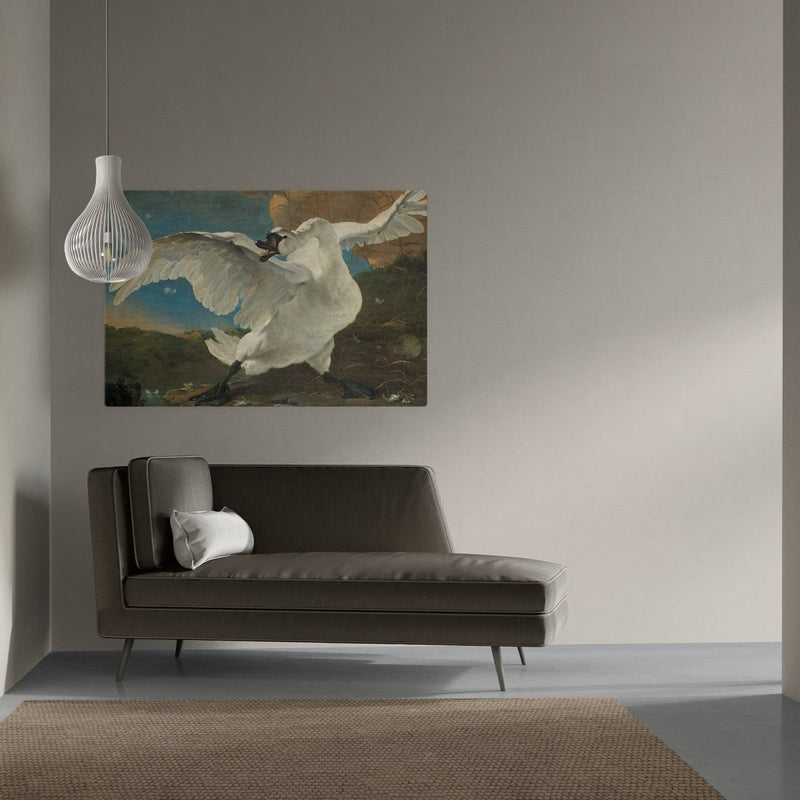 Hier zie je het zwaan schilderij, ook wel De bedreigde zwaan op canvas aan de muur hangen.
