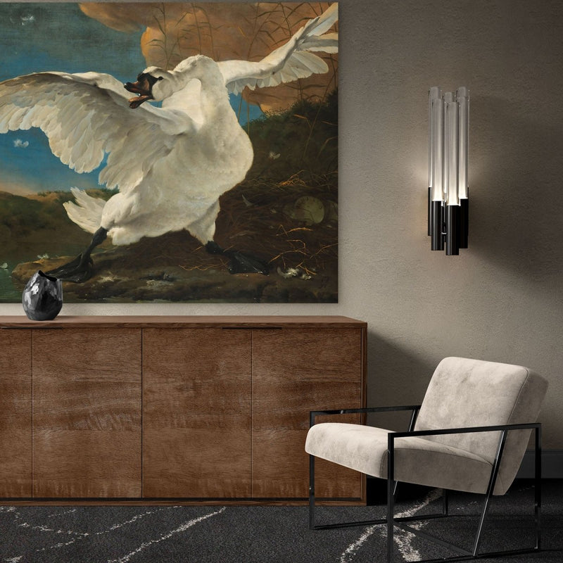 Wow, wat mooi. Dit zwaan schilderij op aluminium dibond, ook wel alu plate is van volledige museum kwaliteit. Het kunstwerk toont een witte zwaan die zijn nest en eieren verdedigd tegen een zwemmende hond. De muurdecoratie staat symbool voor de vermoorde Johan de Witt in de 17e eeuw.