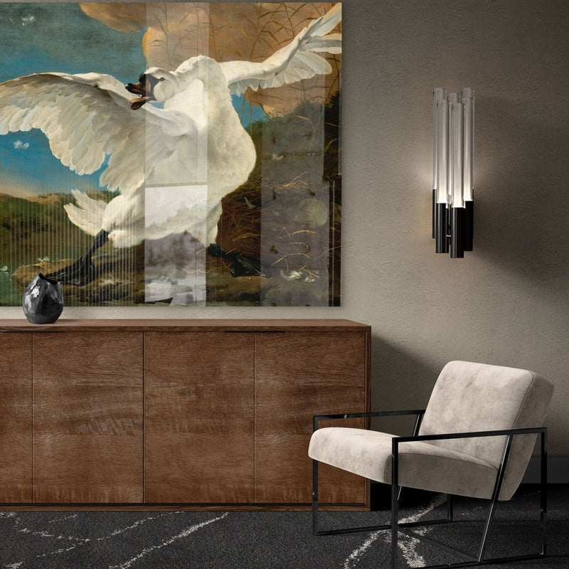 Wat mooi, deze bedreigde zwaan op plexiglas! Het glimmende acrylglas geeft het werk aan de muur een schitterende glans. Hier zie je het zwaan schilderij in de woonkamer hangen.