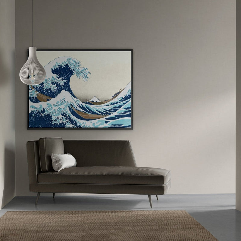 Bekijk hier het speciale japanse schilderij van Japanse grootmeester Hokusai, De grote golf van Kanagawa op canvas met baklijst