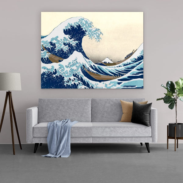 Hokusai maakte dit Japanse schilderij als onderdeel van de serie: zesendertig gezichten op de berg fuji en heet De grote golf van Kanagawa op aluminium dibond