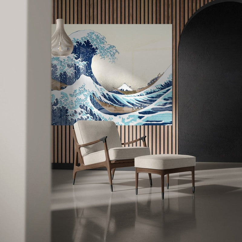 Mega grote schilderijen zoals deze Grote golf van kanagawa op groot formaat op plexiglas is een aanwinst voor liefhebbers van grote wanddecoratie