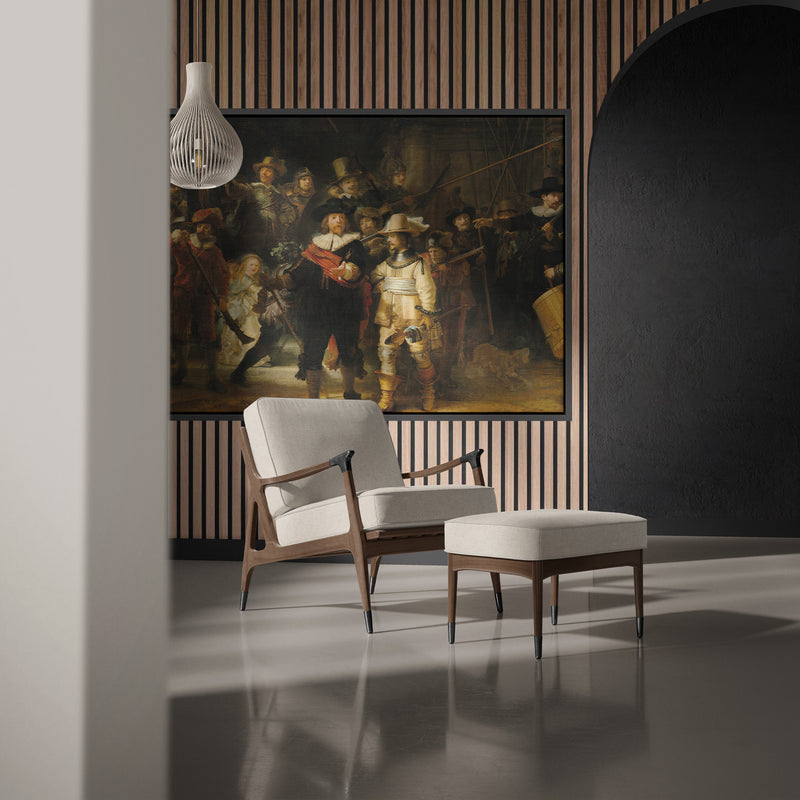 Aanschouw het bekende schilderij, de Nachtwacht van Rembrandt van Rijn op canvas met lijst. De Nachtwacht is één van de bekendste schilderijen die ooit gemaakt is.