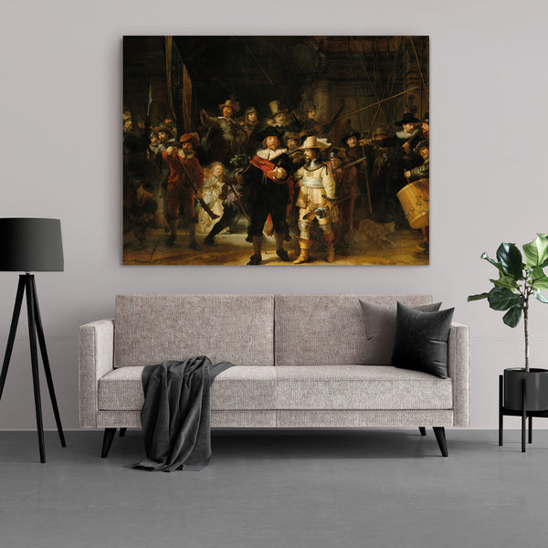 Dibond schilderij van de Nachtwacht in grootformaat zie je hier boven de bank hangen. 