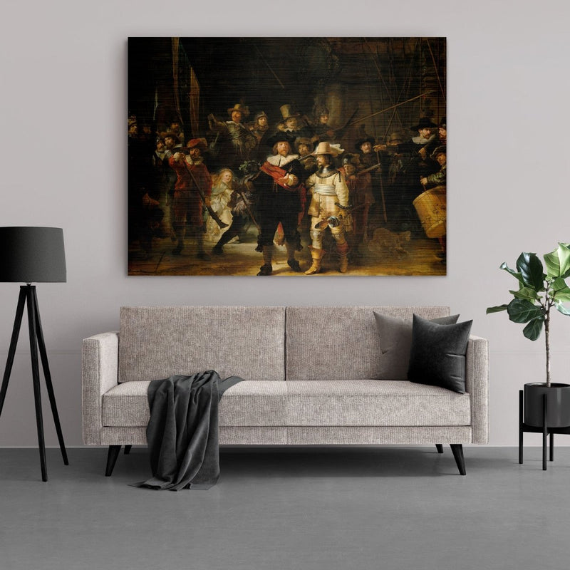 “De compagnie van kapitein Frans Banninck Cocq en luitenant Willem van Ruytenburgh maakt zich gereed om uit te marcheren” zo heet deze nachtwacht in het echt.