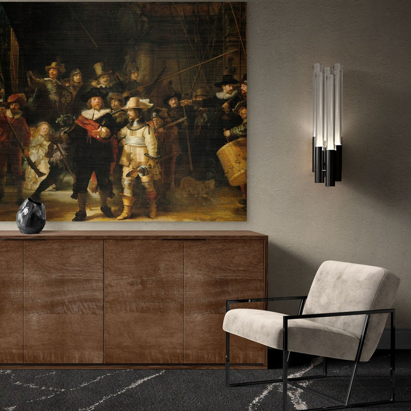 Het metaal motief in het geborstelde aluminium schilderij is duidelijk zichtbaar bij deze Nachtwacht.