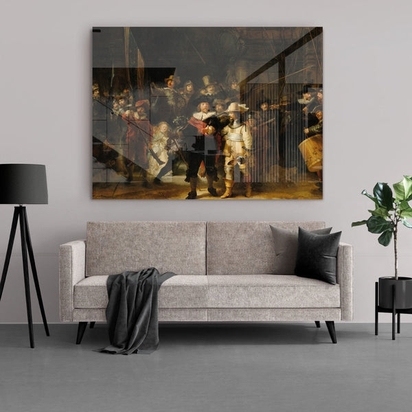 De Nachtwacht, ook wel: De compagnie van kapitein Frans Banninck Cocq en luitenant Willem van Ruytenburgh maakt zich gereed om uit te marcheren op plexiglas. 