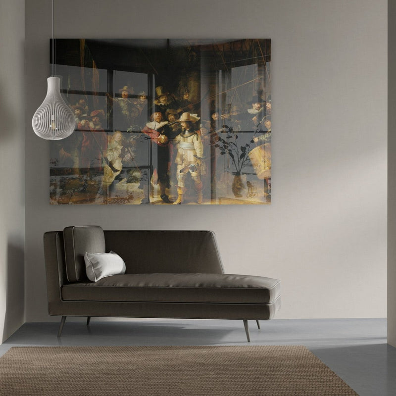 Bekijk hier de Nachtwacht op plexiglas in grootformaat. Het schilderij van Rembrandt van Rijn is hier afgebeeld in een minimalistisch interieur en hangt boven een sofa. 