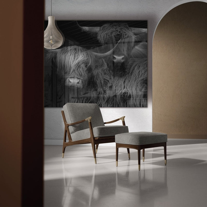 Wat je ziet is het glimmende plexiglas van Kontoer design met het unieke wanddecoratie ontwerp van twee Schotse hooglanders. Het plexiglas is op grootformaat leverbaar en de kleurstelling is zwart wit. Op deze foto hangt het schilderij in de woonkamer