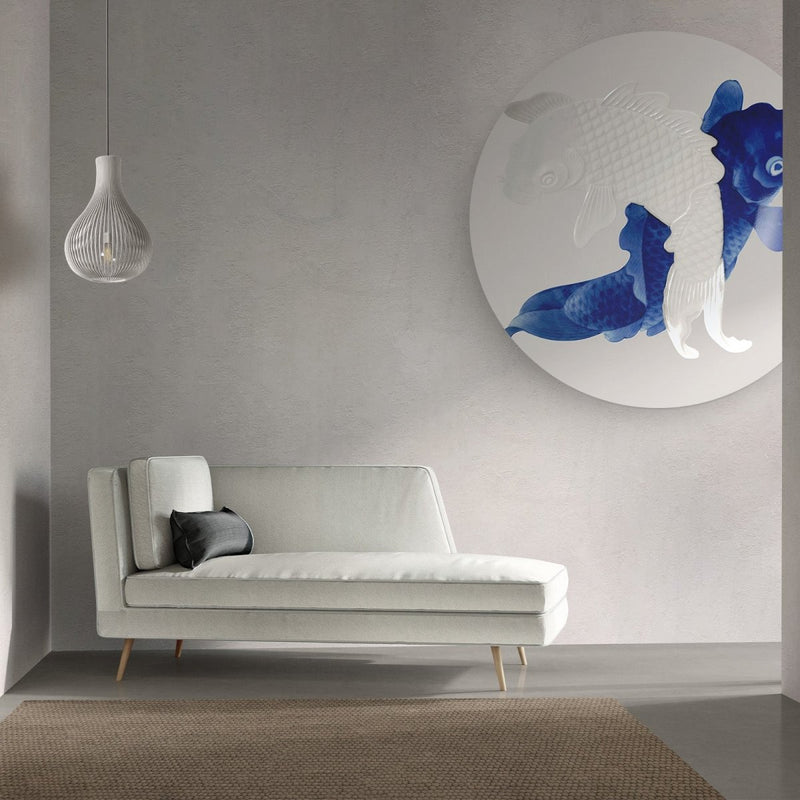 140 cm groot is deze muurcirkel met ronde japanse kunst in het blauw zowel kobalt als delfts blauw