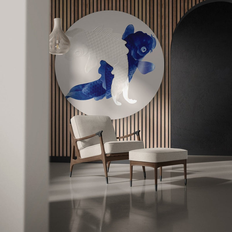 Delfts blauwe muurcirkel wandcirkel in het rond met daarop Japanse kunst met karper vissen