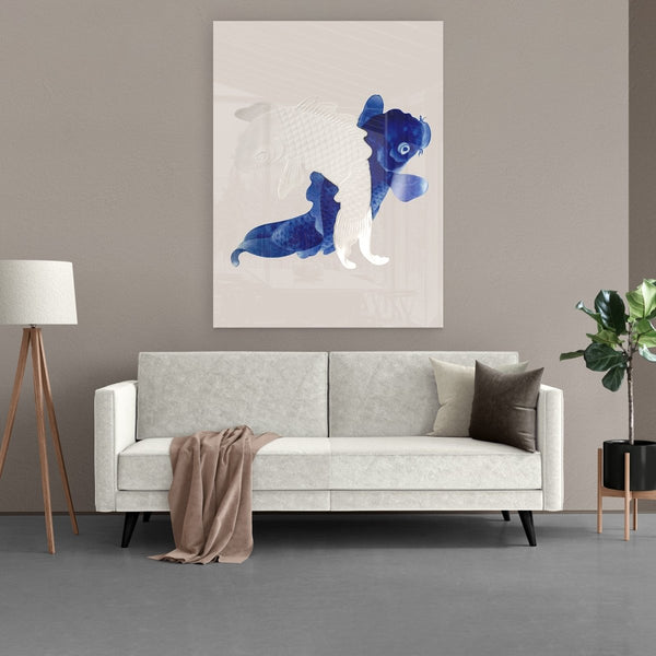 Delfts blauw is de kleur van dit plexiglas schilderij met karper vissen