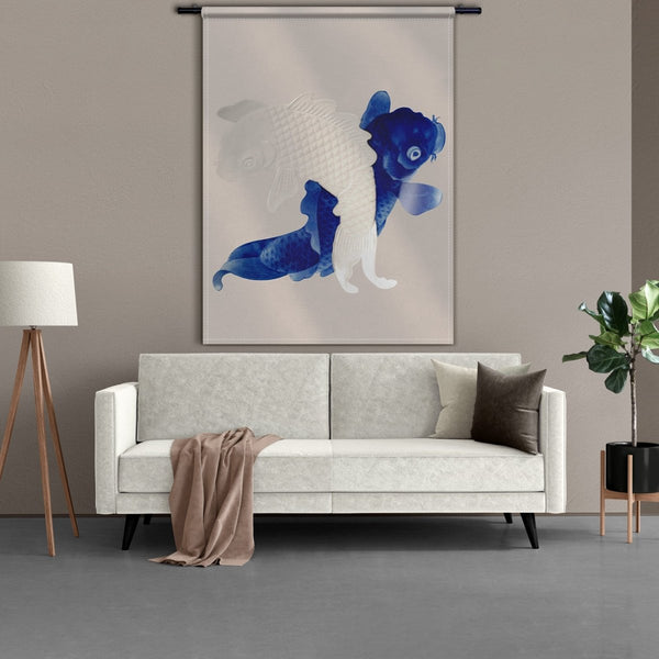 Wandkleden zoals dit muurkleed met daarop Japanse kunst van twee schitterende karper vissen in de kleurstelling wit met blauw