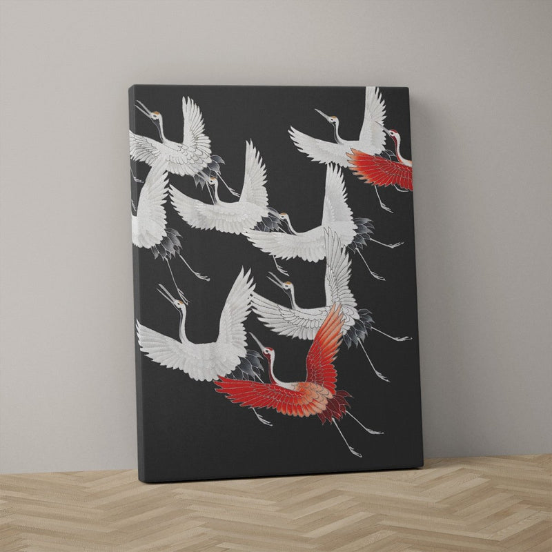 Kraanvogels op canvas schilderij in zwart rood