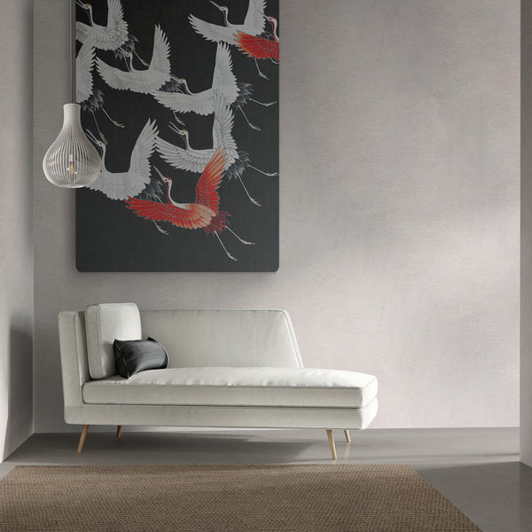 Een typisch japandi interieur met japandi wanddecoratie op canvas met kraanvogels