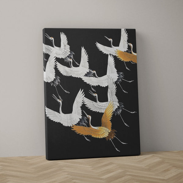 Kraanvogels op canvas goud zwart wit