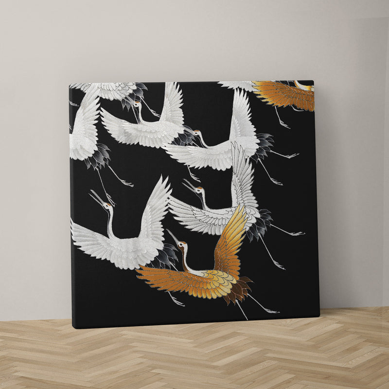 Canvas schilderij vierkant van gouden en witte vogels
