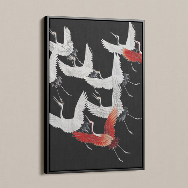 Kraanvogels op canvas met lijst in zwart rood wit