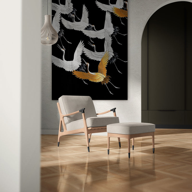 Groot japandi schilderij op aluminium dibond met kraanvogels goud editie in de woonkamer. 