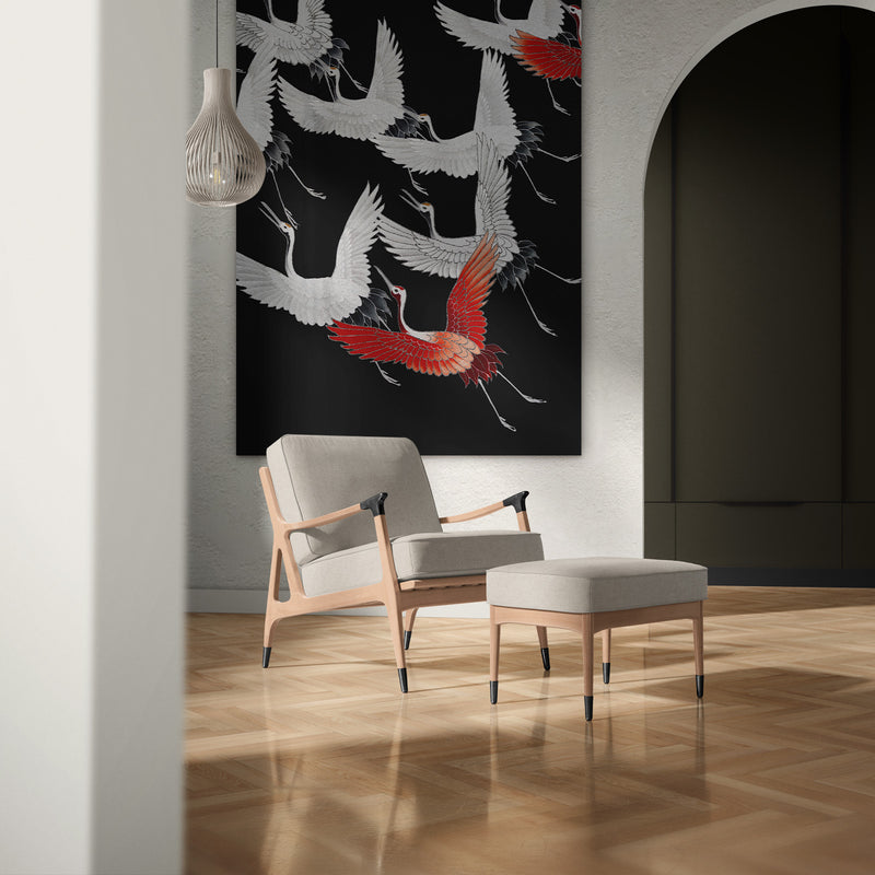 Witte kraanvogels, rode kraanvogels tegen een zwarte achtergrond op een aluminium schilderij van dibond. Het schilderij op aluminium toont meerdere vogels.