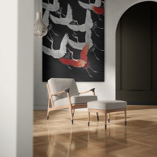 Japandi wanddecoratie zoals dit kraanvogel schilderij van aluminium in zwart rood is een aanvulling voor jouw japandi interieur