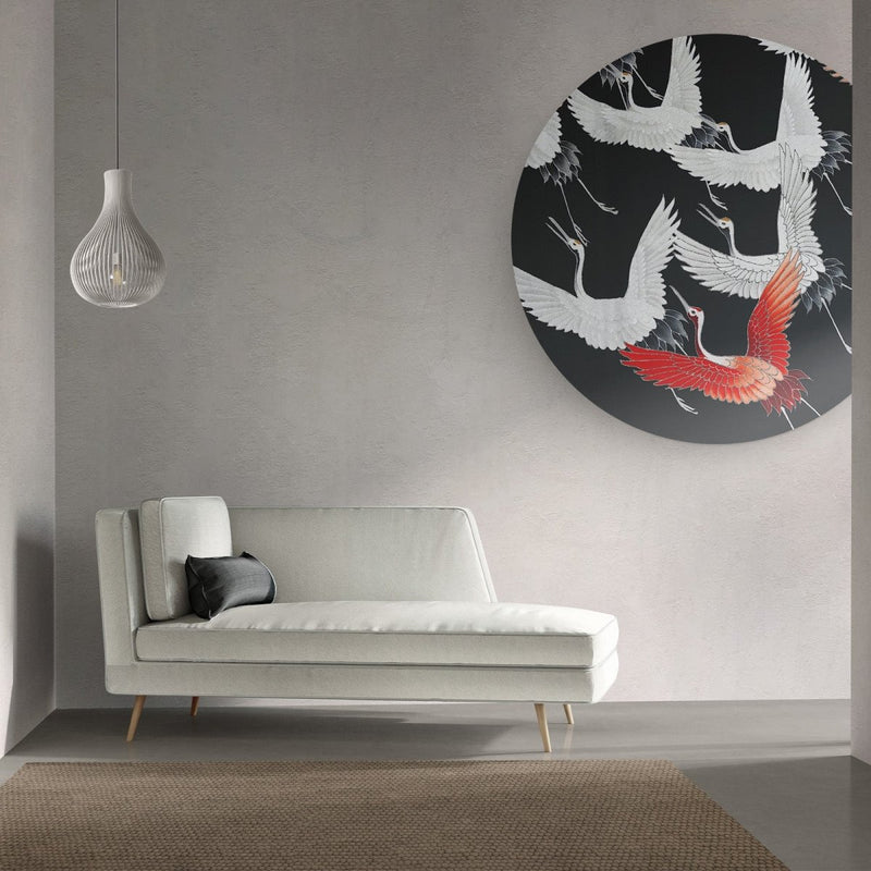 Hier hangt de muurcirkel vogels in een woonkamer japandi stijl.