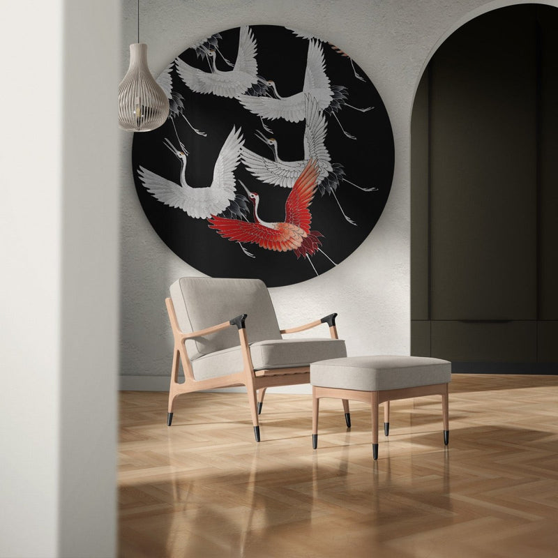 Rond schilderij kraanvogels van Kimono with cranes in zwart rood wit van aluminium dibond