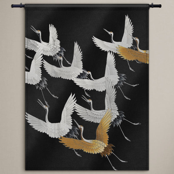 Kraanvogels goud editie op wandkleed in de kleuren zwart goud en wit
