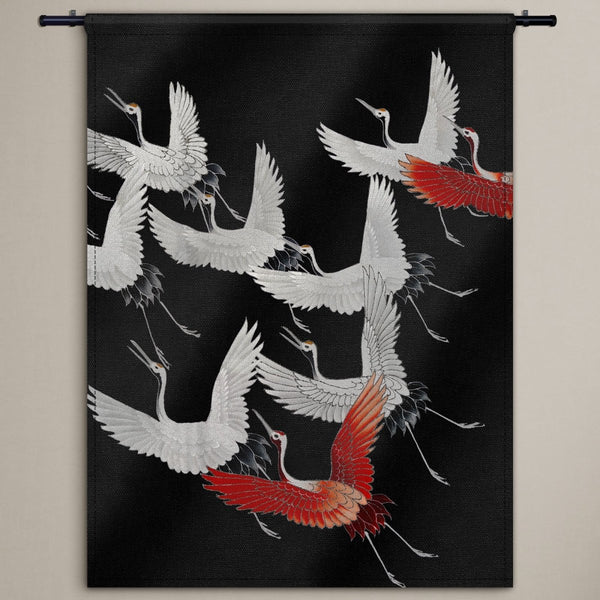 Kraanvogels op wandkleed van katoen of velours in de kleuren rood zwart en wit