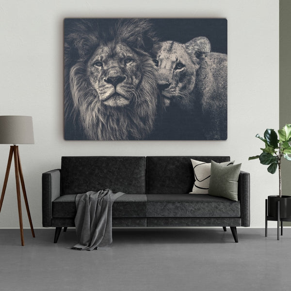 Lion couple op canvas leeuwen schilderij voor een industrieel interieur