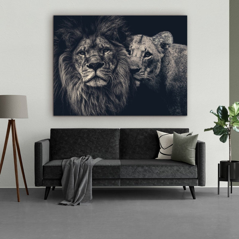 Lion couple op dibond leeuwen schilderij voor een industrieel interieur