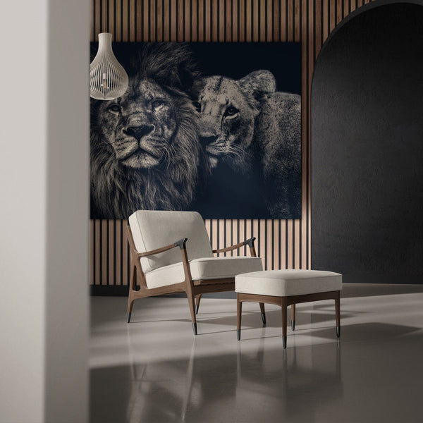 Lion couple op dibond leeuwen schilderij in een japandi interieur