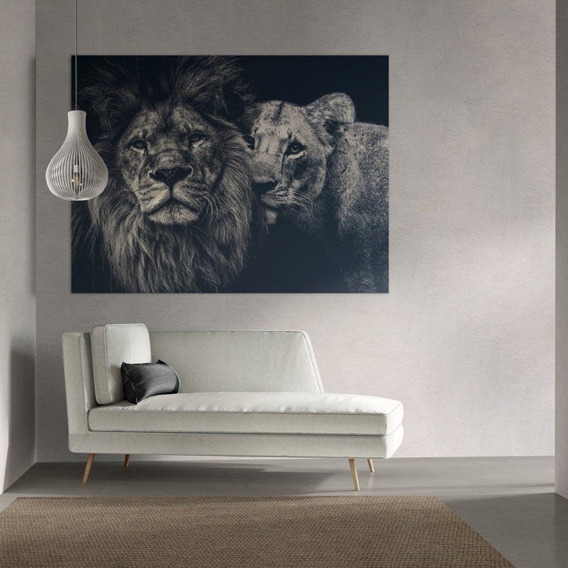Lion couple op dibond leeuwen schilderij in een luxe interieur