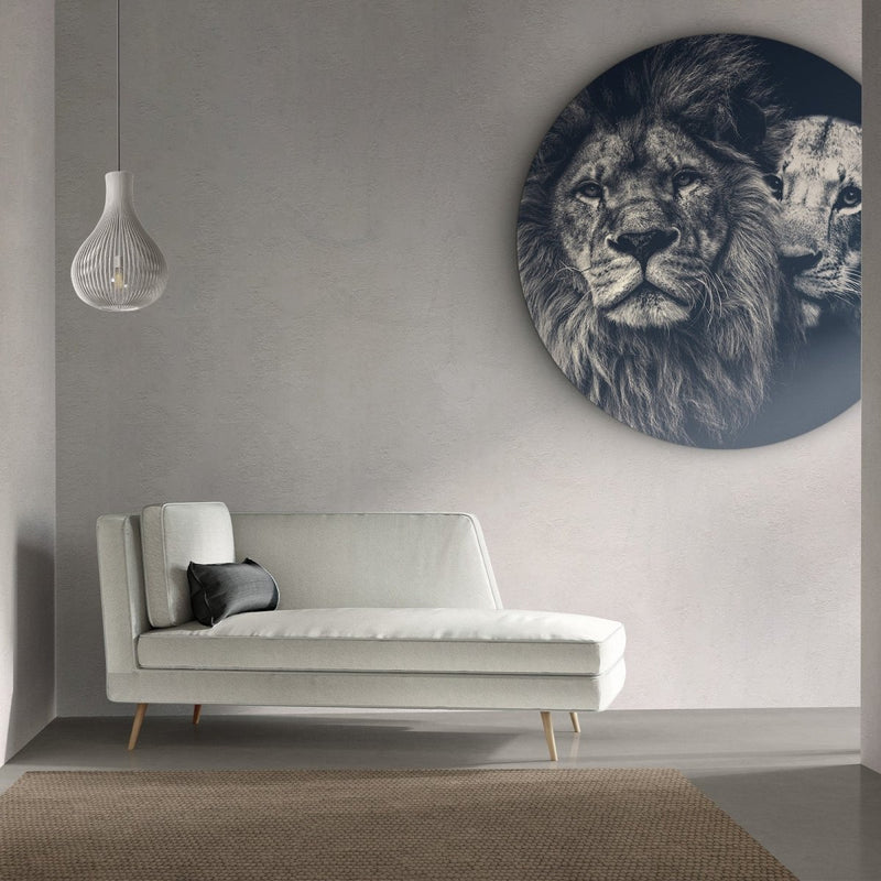 Muurcirkel leeuwen schilderij in het rond op een wandcirkel van dibond