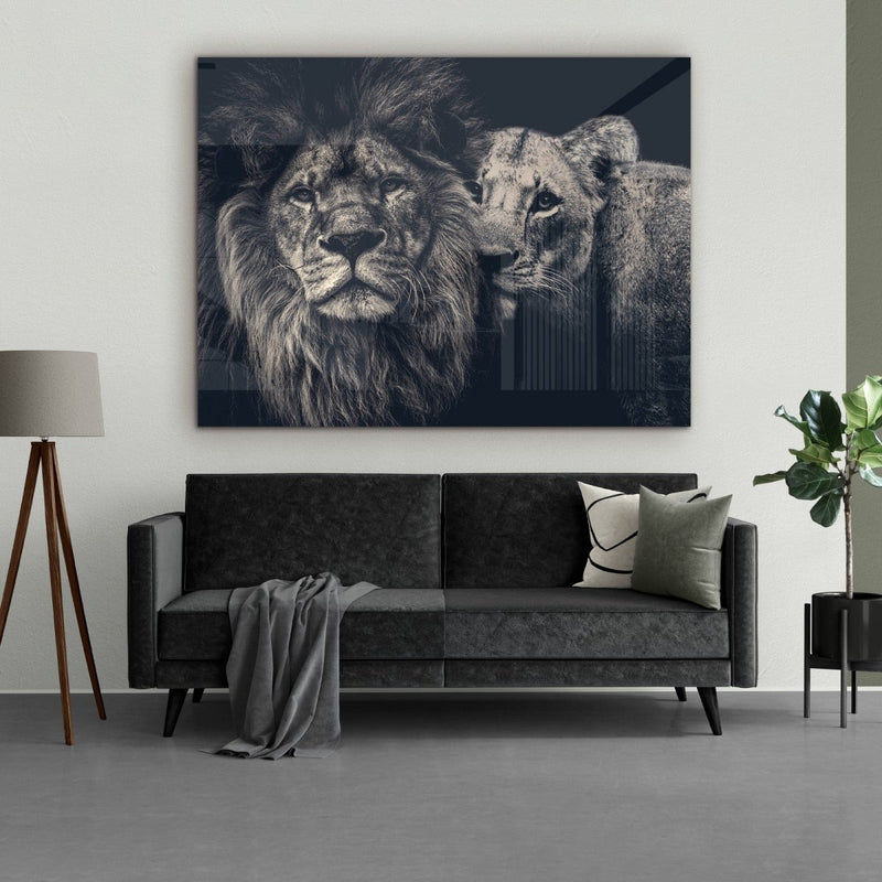 Het prachtige leeuwen schilderij van de lion couple in zwart wit