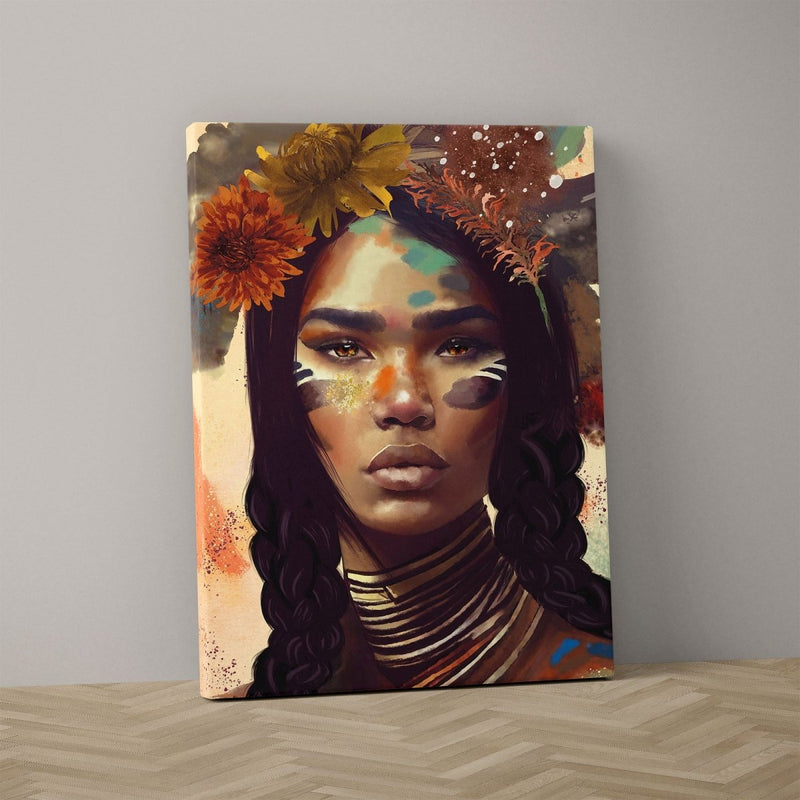 Schilderij indiaan vrouw op canvas. Het prachtige canvas schilderij is gemaakt met verschillende materialen zoals olieverf, waterverf, maar ook is er potlood gebruikt. 