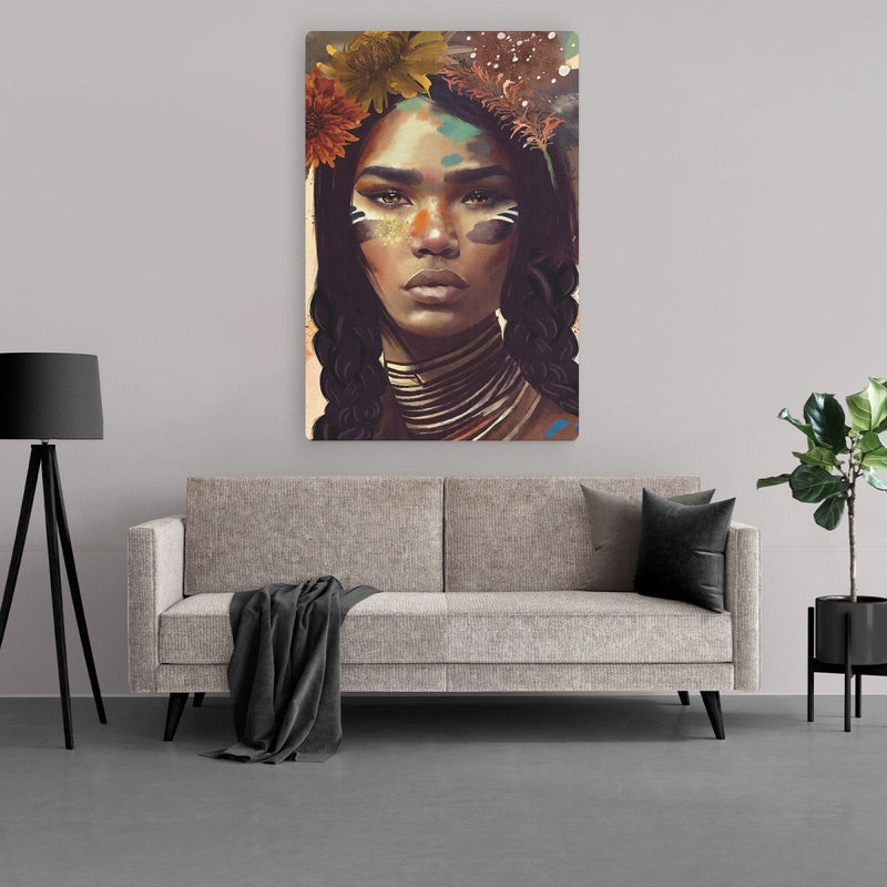 Bekijk het prachtige Mixed media schilderij van een indianen vrouw op canvas. De technieken die gebruikt zijn variëren van schilderen, tekenen graffiti en digitale kunst.  
