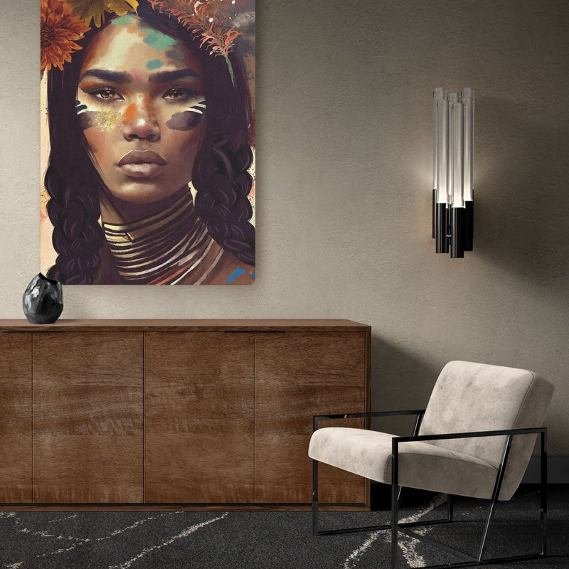 Bekijk hier het indiaan schilderij van Native woman en een formaat naar keuze. In dit werk zijn veel detals zichtbaar zoals leger groen, maar ook goud. 