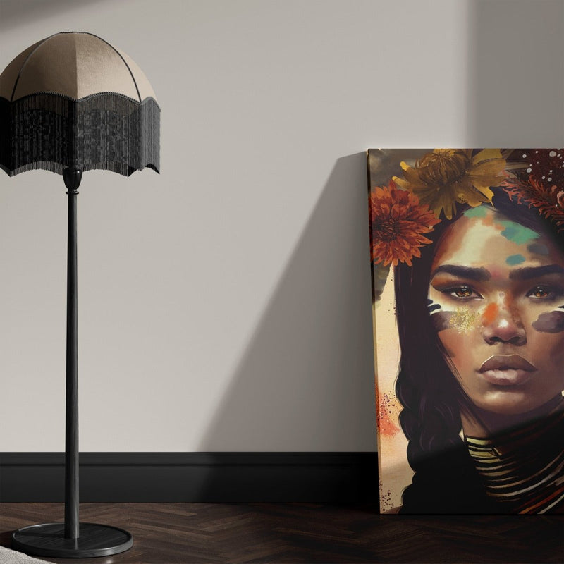Hier staat het schilderijen van indianen op de grond. Het prachtige portret is gemaakt van canvas in groot formaat.