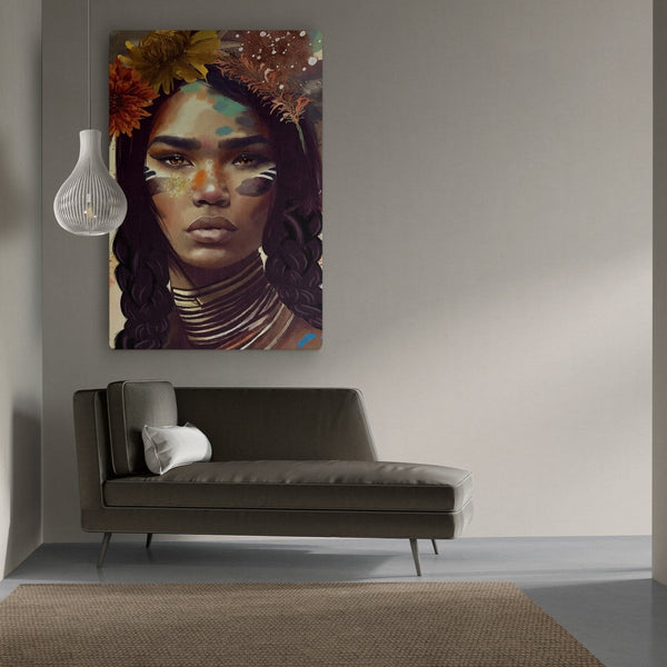 Hier zie je het indiaan schilderij vrouw Native women op canvas boven de bank in de woonkamer hangen. 