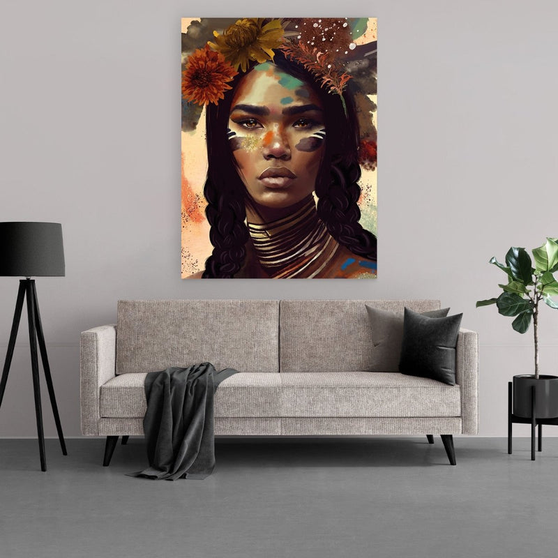 Schilderij indianen vrouw op aluminium dibond inclusief tooi, oorlogskleuren en indiaan decoratie