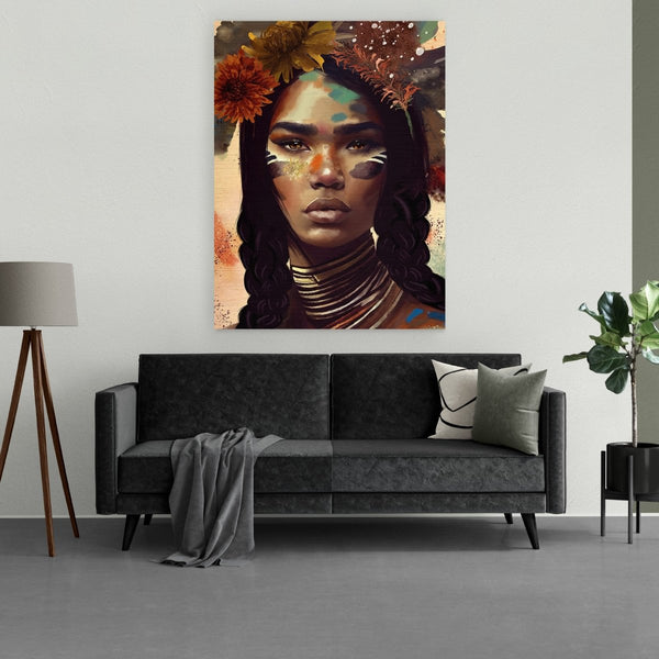 Hier hangt het aluminium schilderij van een indianen vrouw portret boven de bank in de woonkamer. Het schitterende model kijkt je doordringend aan. Het portret is gemaakt middels mixed media.