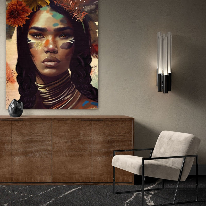 Deze indiaan op geborsteld aluminium schilderij valt onder de categorie aparte muurdecoratie. De kleuren zijn uitbundig en het model prachtig om te zien. 