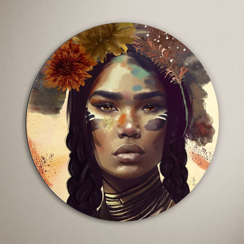 Native woman muurcirkel. Ben je opzoek naar indiaan woondecoratie, accessoires of wanddecoratie, dan is dit indiaan schilderij met ronde vorm wellicht iets voor jou. 