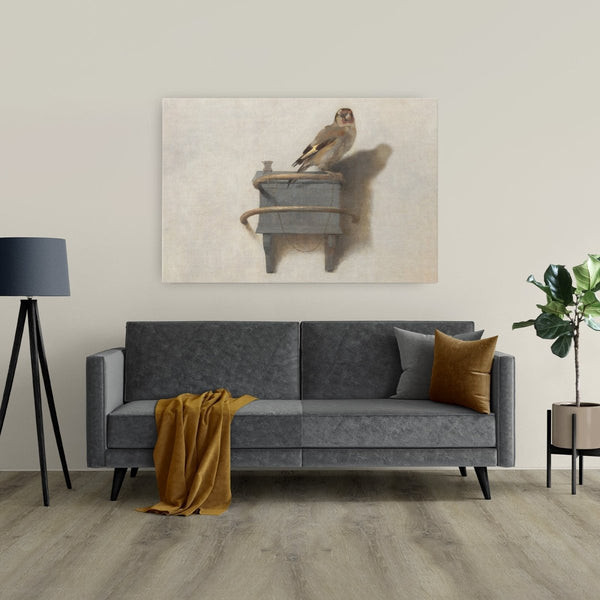 Puttertje schilderij op canvas in grootformaat in de woonkamer boven een bank van oude meester, Carel Fabritius