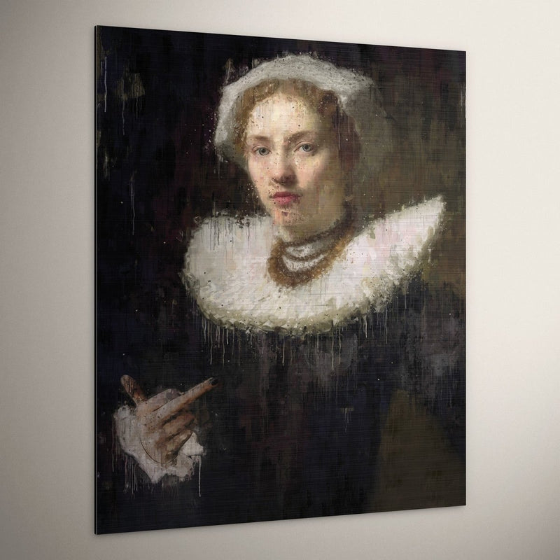 Stoer, stoerder, stoerst. Dit stoere schilderij toont een vrouw met ballen. Deze stoere vrouw steekt haar middelvinger op tegen onderdrukking in een periode dat dit echt onmogelijk was.