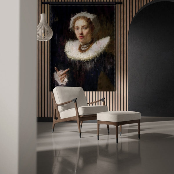 Het provocerende Renaissance rebel op wandkleed zie je hier in de woonkamer hangen. Het muurkleed zal ongetwijfeld het één en ander losmaken bij uw gasten.