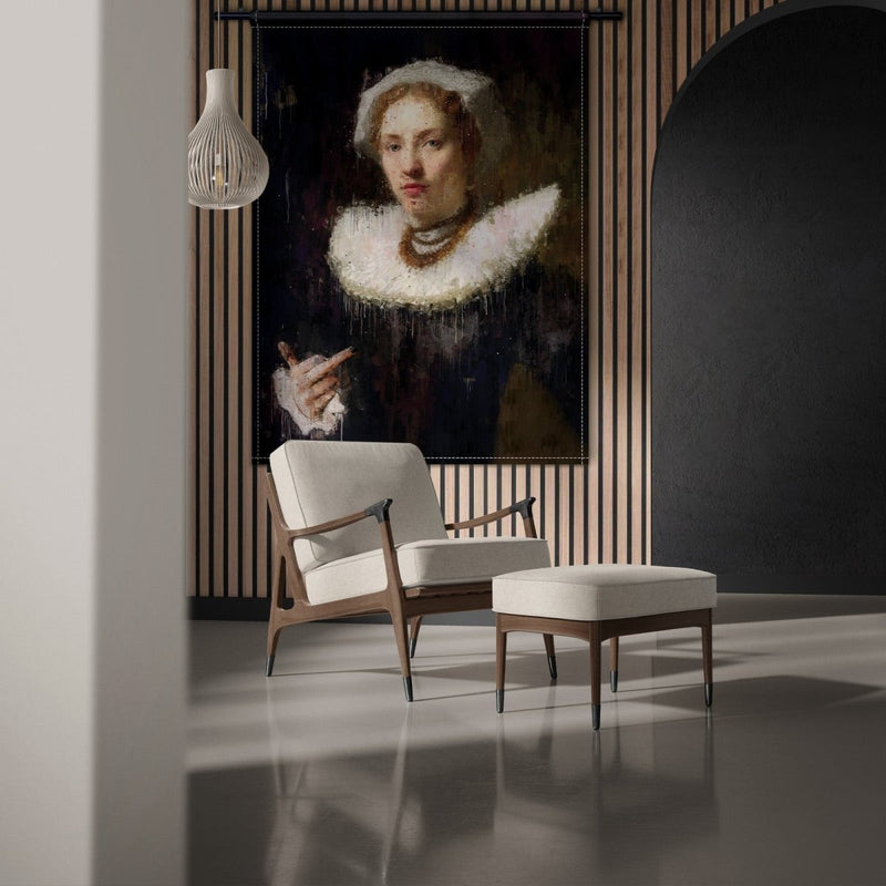 Het provocerende Renaissance rebel op wandkleed zie je hier in de woonkamer hangen. Het muurkleed zal ongetwijfeld het één en ander losmaken bij uw gasten.